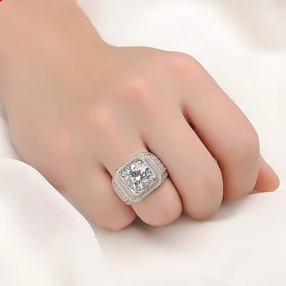 1 Carat Moissanite Engagement Ring for Men, Elegant 925 Silvery Plated Faux Diamond Band, Hip Hop Style, Single Ring Jewelry