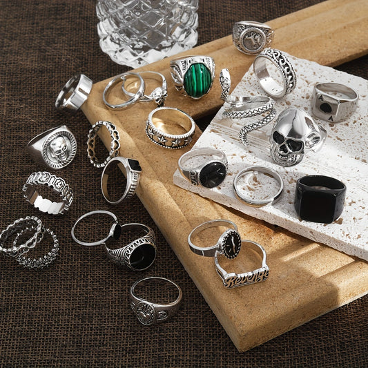 24pcs Silvery Vintage Men's Ring Set with Skull and Heart Snake Gothic Style Rings