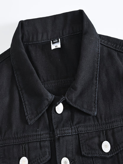 Veste décontractée en denim pour homme - Style moto, couleur unie, boutonnage, tissu non extensible, idéale pour le printemps\u002Fl'automne