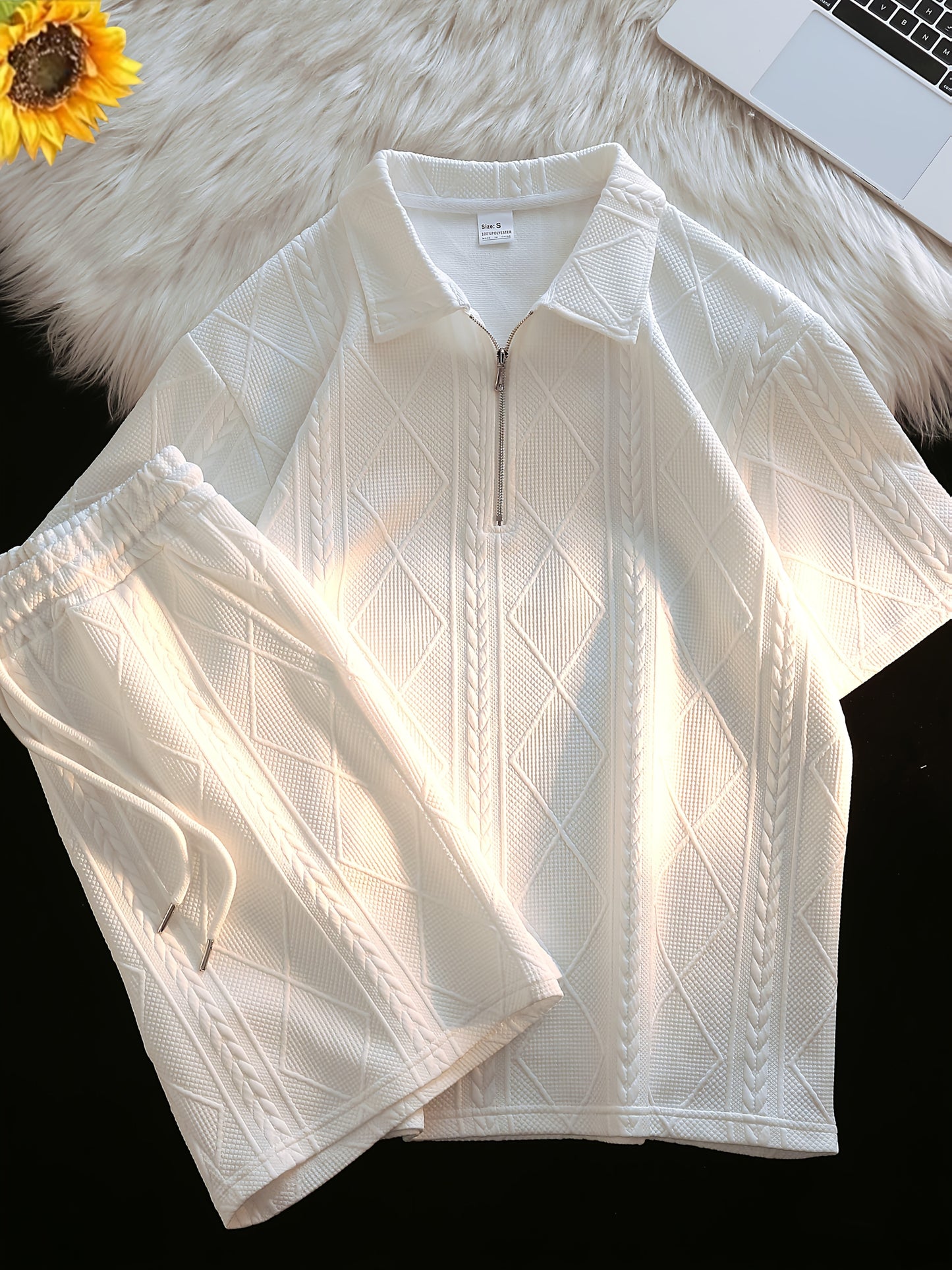 Retro Style 2pcs Men's Casual Summer Outfit Suits, Geometric Pattern Design Short Sleeve Lapel Shirt Top And Shorts Suit