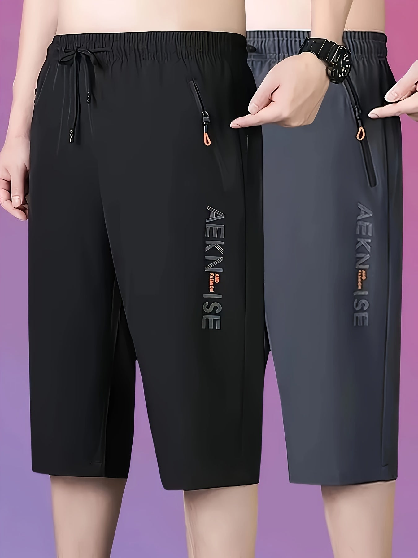 2pcs Men's Mid-Thigh Athletic Shorts with Drawstring & Zipper Pockets - Stylish Letter Print Design, Black & Navy Blue, Perfect for Gym, Casual Wear, Yoga, and Outdoor Activities, Modern Sports Apparel | Durable Sportswear