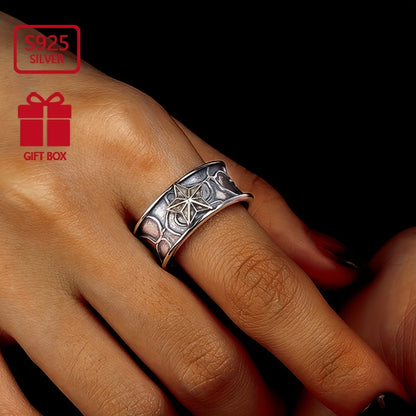 1pc s925 Pure Silver Retro Neutral Water Ripple Set with Copper Stars Thai Silver Ring, Punk Trendy Ring for Men and Women, Suitable for Parties, Approx. 7.4g