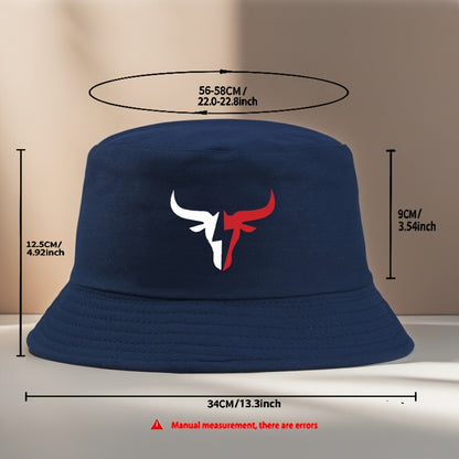 1pc Elegant Cotton Blend Bucket Hat with Bull Logo Print, Reversible Outdoor Casual Cap, Gift for Dad