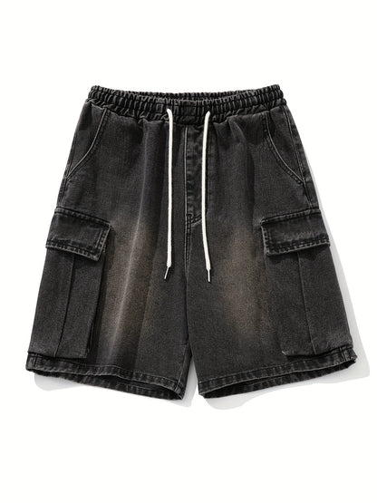 Men's Casual Denim Shorts with Side Pockets - Loose Fit, Drawstring Waist, Cotton Blend, Summer Streetwear