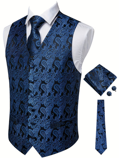 Gilet élégant en jacquard cachemire pour homme avec cravate + mouchoir + boutons de manchette pour mariage\u002Foccasions spéciales