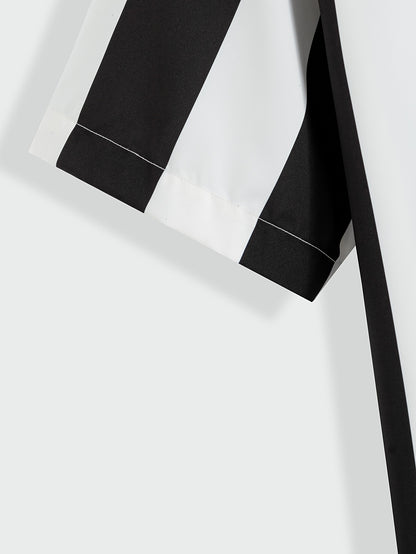 1pc Men'S Summer Casual Striped Button- Shirt - Short Sleeve, Regular Fit, Polyester Woven Fabric, Non-Stretch, Lapel Collar, Placket, for Daily & Outdoor Activities, Hiking, Weekend - Woven Fabric Weight 125g\u002Fm²