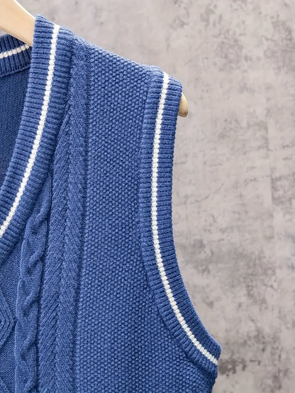 Gilet sans manches en viscose bleue pour homme - Design torsadé décontracté et sportif, col en V, élasticité moyenne, idéal pour la randonnée, les tenues décontractées et les activités de plein air.