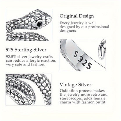1pc Vintage Punk Style Adjustable Snake Ring for Women and Men, 925 Sterling Silver, Hypoallergenic, 4g, Daily Wear Jewelry