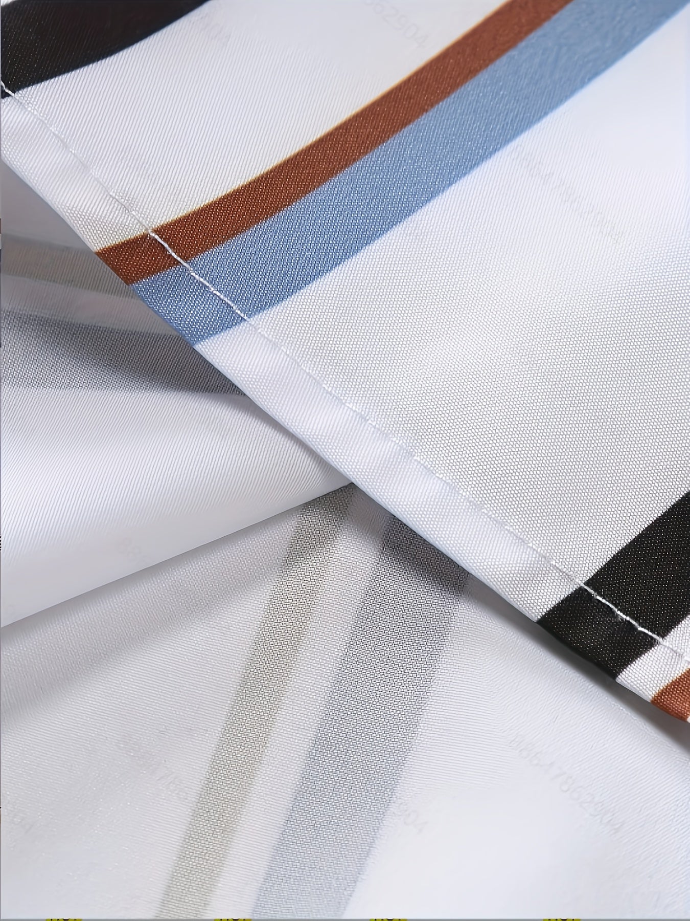 Men'S Casual Summer Short Sleeve Button-Up Shirt - White with Blue, Black, and Orange Vertical Stripes, Non-Stretch Fabric, Perfect for Weekend Outings, Casual Attire|Striped Shirt|Nonstretch Fabric