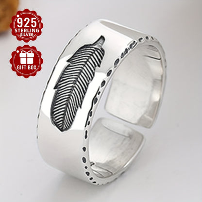 1PCS925 Sterling Silver Low Sensitivity Wide Edition Heavy Work Texture Feather Imprint Open Ring Hip Hop Retro Style For Rock Party Bundy Men's Women's Universal Couple Ring (about 5.6g)