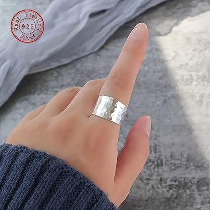 Elegant 925 Silver Hand-hammered Wide Ring, Adjustable Ring for Women, Wide Face Ring for Men, Retro And Simple, Suitable for Daily Party Wear, Birthday, Mother's Day, Father's Day, Valentine's Day, Graduation Gift
