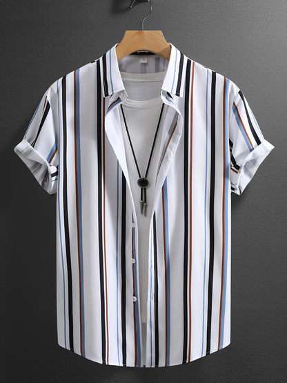 Men'S Casual Summer Short Sleeve Button-Up Shirt - White with Blue, Black, and Orange Vertical Stripes, Non-Stretch Fabric, Perfect for Weekend Outings, Casual Attire|Striped Shirt|Nonstretch Fabric
