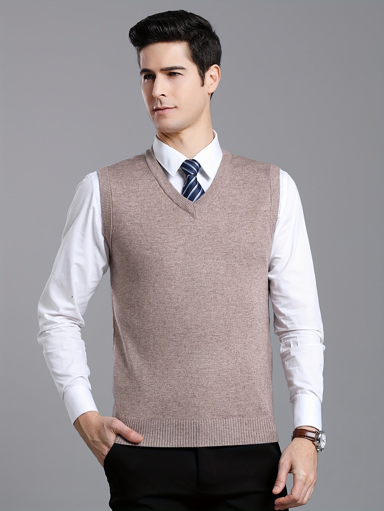 Gilet Homme Sans Manches en Laine Stretch - Texture Côtelée Élégante, Tricot Chaud pour Tenue Décontractée et Golf, Anniversaire - Noir