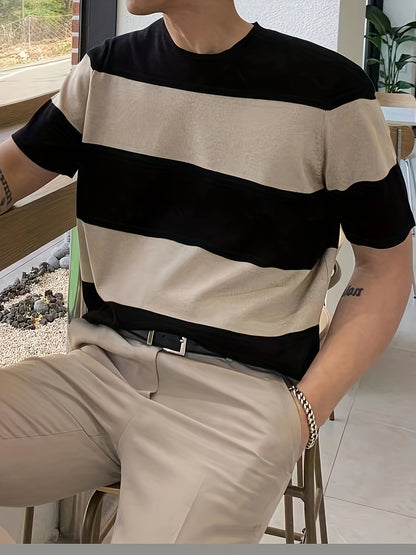 Men'S Premium Striped Color-Blocked Lightweight Knitted Short-Sleeve Shirt 490