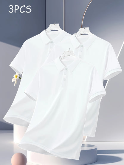 3pcs Men's Casual Shirts - Breathable Polyester, Button-Up, Short Sleeve in Black, White, & Navy - Ideal for Summer Sports & Leisure