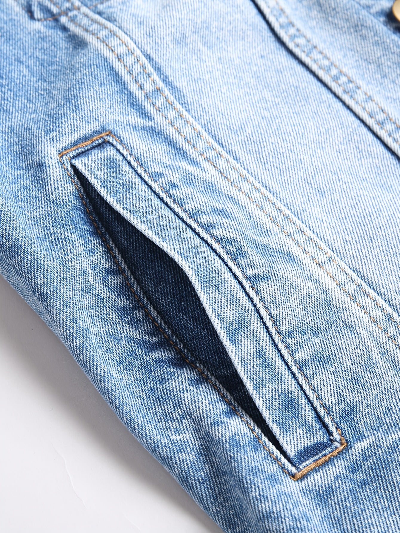 Veste en jean décontractée pour homme, mélange de coton, non extensible, couleur unie, sans manches, col à revers, coupe standard, tissée avec détails de poches