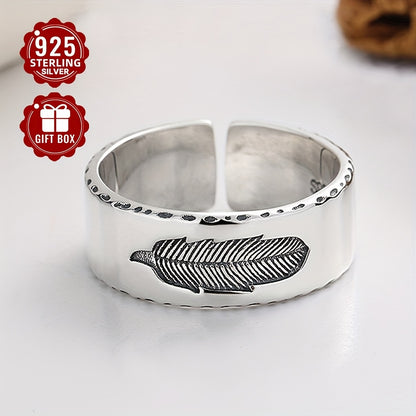 1PCS925 Sterling Silver Low Sensitivity Wide Edition Heavy Work Texture Feather Imprint Open Ring Hip Hop Retro Style For Rock Party Bundy Men's Women's Universal Couple Ring (about 5.6g)