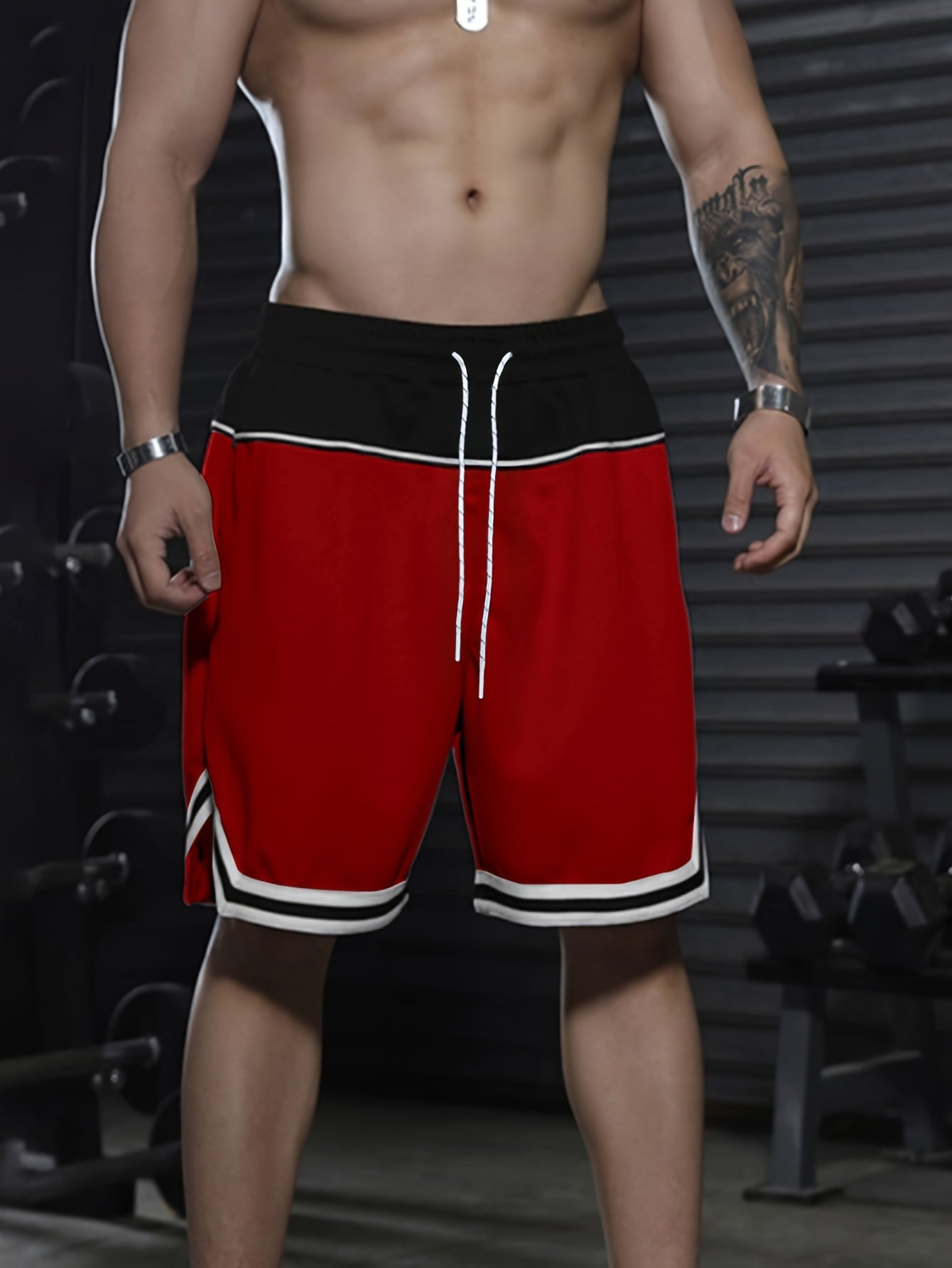 Men's Color Block Striped Shorts With Pockets, Active Elastic Waist Drawstring Shorts For Summer Fitness