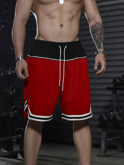 Men's Color Block Striped Shorts With Pockets, Active Elastic Waist Drawstring Shorts For Summer Fitness