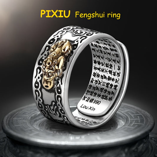 A Unisex Feng Shui Ring featuring Pixiu for Attracting Wealth, Warding Off Evil Spirits, And Enhancing Career Luck, Plated with Silver Plated Plated