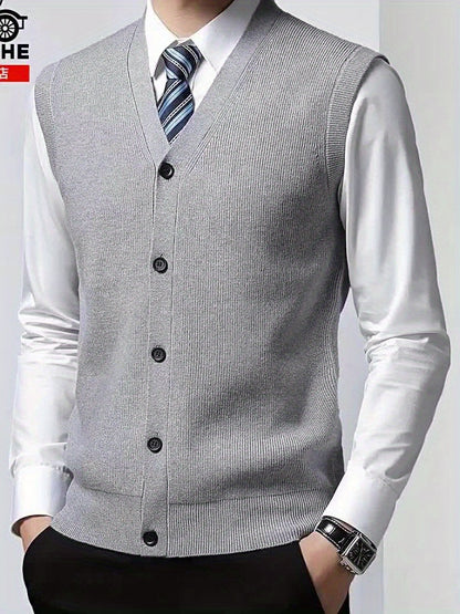 Gilet à col en V de couleur unie tricoté confortable et à la mode pour hommes 1 pièce (Jiang Xuyu)