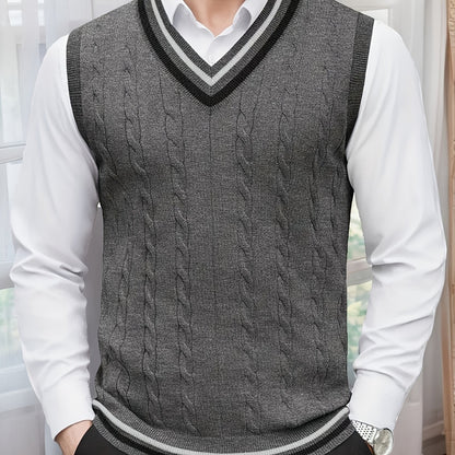 Gilet Homme Sans Manches Col en V Tricoté, Design Décontracté et Rétro, Idéal pour l'Automne et l'Hiver, Parfait pour un Look Décontracté et Sophistiqué en Toute Occasion