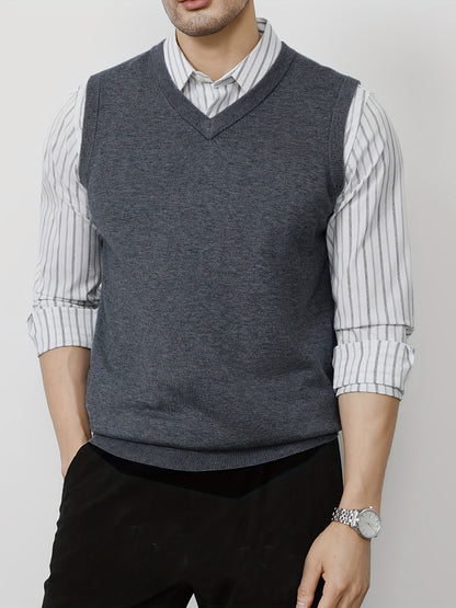 1pc Gilet sans manches en tricot à col en V uni pour homme - Pullover en polyester légèrement extensible pour le printemps\u002Fl'automne - Débardeur en tricot ajusté