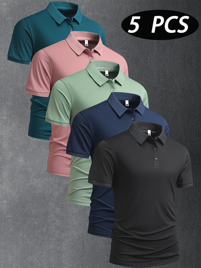 5pcs Men's 2025 Summer Shirts - Solid Color Casual Business Lapel Button-Up T-Shirts, Breathable Lightweight Fabric, Regular Fit for Golf, Office & Evening Outings, Machine Washable