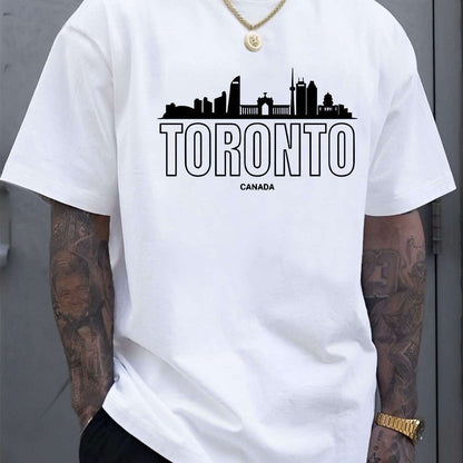 MenFashion Toronto Canada Graphic Cotton T-Shirt- Black Short Sleeve Crew Neck, Iconic Skyline Print, Lightweight and Breathable, Suitable for Summer Outings, Casual Wear and Everyday Style, Outdoor Activity Shirt| Machine washable