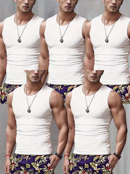 5 débardeurs pour hommes à larges épaules - Noir, Gris, Blanc - Sans manches, respirant, col rond - Pour le sport et le fitness