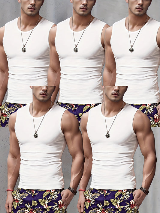 5 débardeurs pour hommes à larges épaules - Noir, Gris, Blanc - Sans manches, respirant, col rond - Pour le sport et le fitness