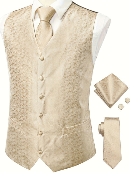 Gilet élégant en jacquard cachemire pour homme avec cravate + mouchoir + boutons de manchette pour mariage\u002Foccasions spéciales