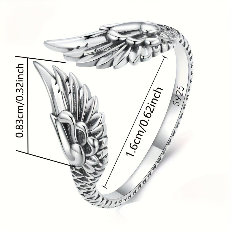 Silver Plated Plated Vintage Fashion Do Old Wing Open Ring Simple Vintage Guardian Feather Finger ring male and female Hip Hop holiday gift about 2.5g