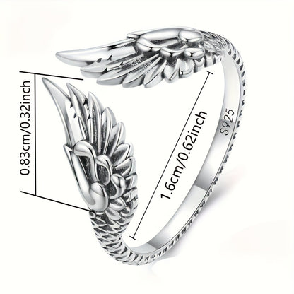 Silver Plated Plated Vintage Fashion Do Old Wing Open Ring Simple Vintage Guardian Feather Finger ring male and female Hip Hop holiday gift about 2.5g