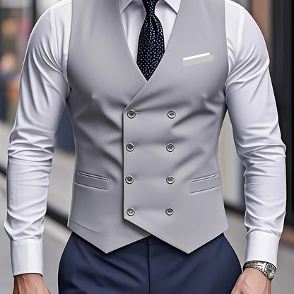Gilet Sans Manches à Double Boutonnage pour Homme - Noir, Col en V, Léger et Élégant pour Affaires ou Occasions Formelles