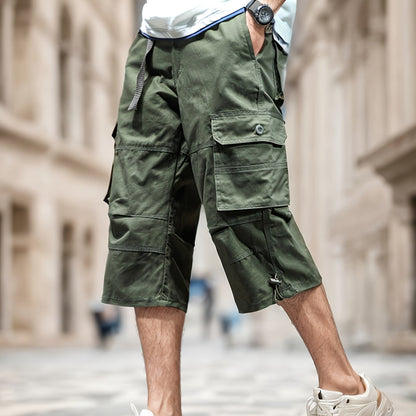 Men'S Outdoor Casual Cargo Shorts with Multiple Pockets, Knee-Length, Featuring an Elastic Waistband And Button Closure, Suitable for Outdoor Adventures, Fishing, Hiking, And Various Outdoor Activities.