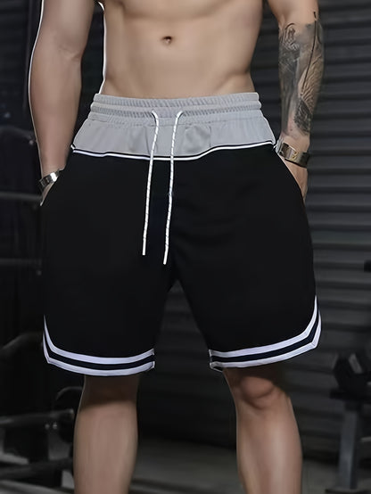 Men's Color Block Striped Shorts With Pockets, Active Elastic Waist Drawstring Shorts For Summer Fitness