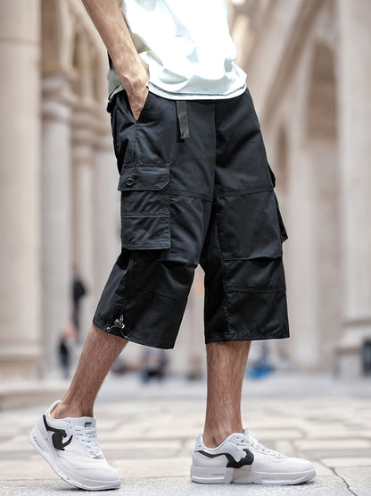 Men'S Outdoor Casual Cargo Shorts with Multiple Pockets, Knee-Length, Featuring an Elastic Waistband And Button Closure, Suitable for Outdoor Adventures, Fishing, Hiking, And Various Outdoor Activities.