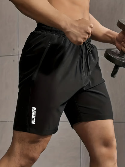 Men's Solid Shorts With Zipper Pockets, Active Elastic Waist Drawstring Shorts For Summer Outdoor Fitness
