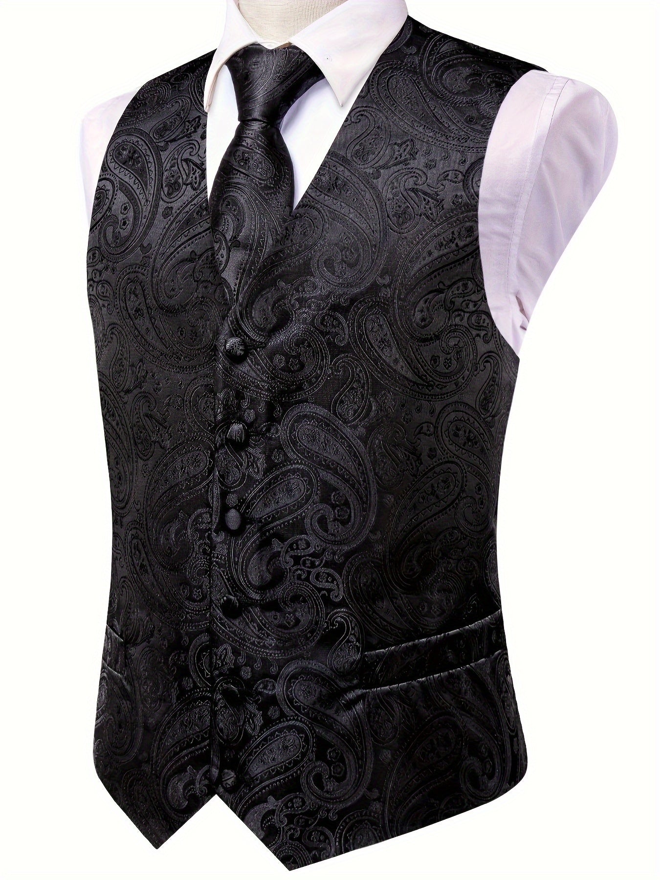 Gilet élégant en jacquard cachemire pour homme avec cravate + mouchoir + boutons de manchette pour mariage\u002Foccasions spéciales
