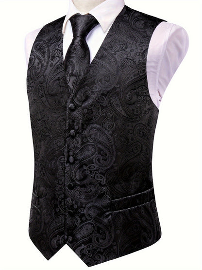 Gilet élégant en jacquard cachemire pour homme avec cravate + mouchoir + boutons de manchette pour mariage\u002Foccasions spéciales