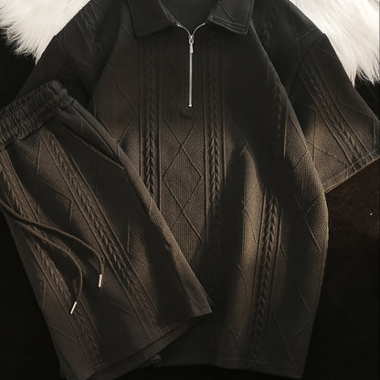 Retro Style 2pcs Men's Casual Summer Outfit Suits, Geometric Pattern Design Short Sleeve Lapel Shirt Top And Shorts Suit