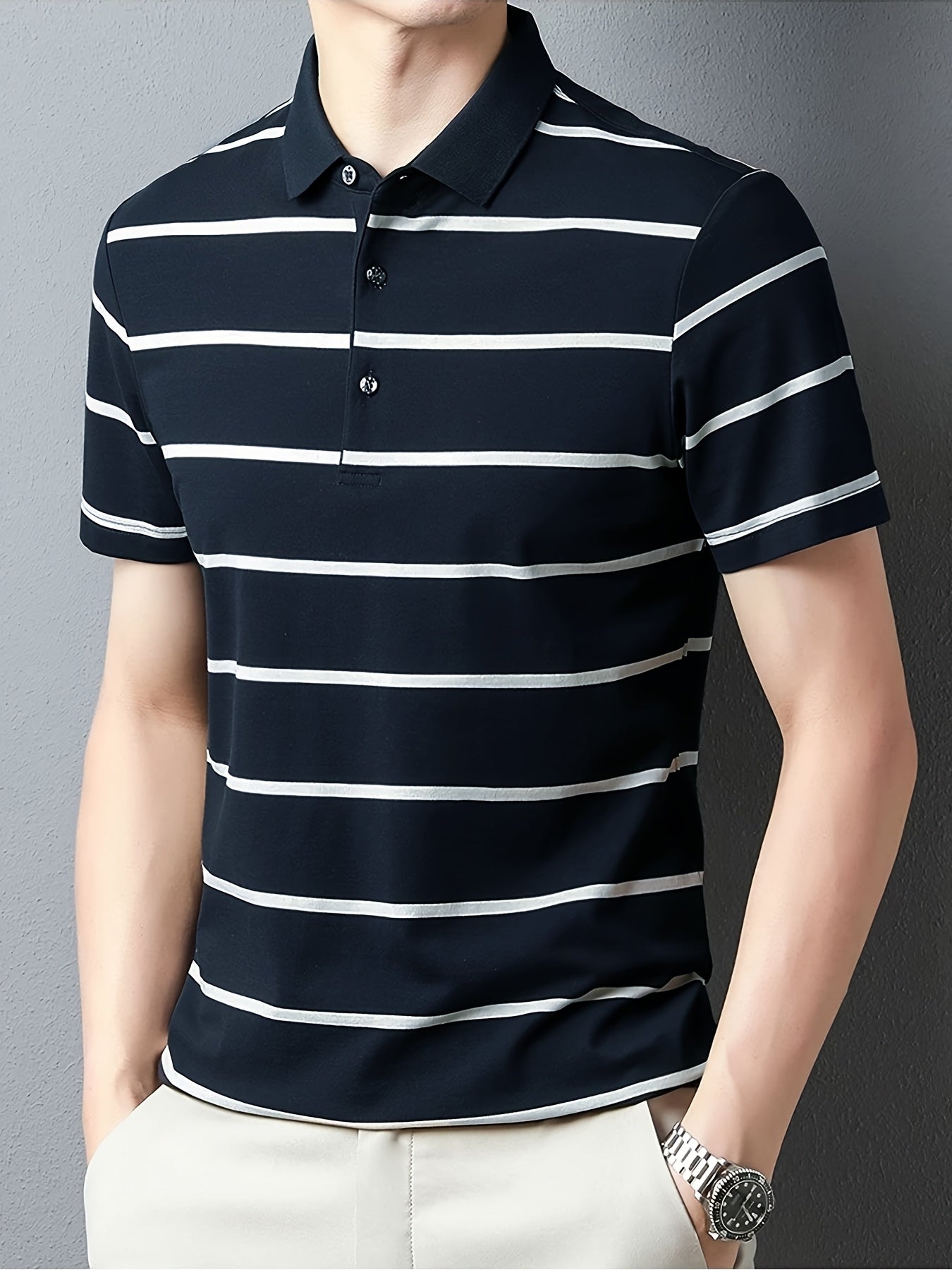 Men'S Navy & White Striped Polo Shirt - Casual Summer Golf Shirt with Short Sleeves, Button-Up, and Collared Design, Perfect for Outdoor Activities and Gifts, Casual Summer Wear | Casual Style | Polyester Fabric