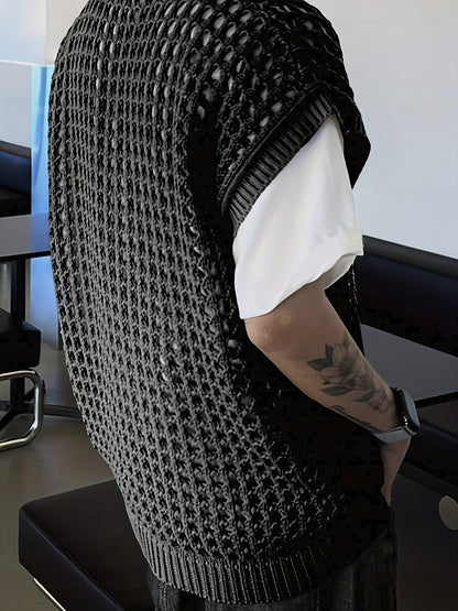 Débardeur homme en viscose ajourée, col rond sans manches - Couleur unie pour look décontracté, extérieur et streetwear - Printemps\u002FÉté\u002FAutomne