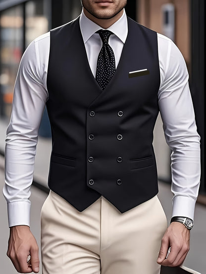 Gilet Sans Manches à Double Boutonnage pour Homme - Noir, Col en V, Léger et Élégant pour Affaires ou Occasions Formelles