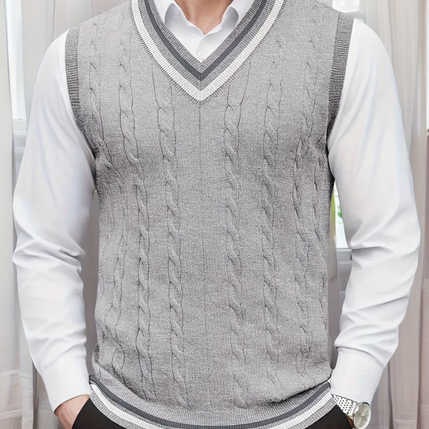 Gilet Homme Sans Manches Col en V Tricoté, Design Décontracté et Rétro, Idéal pour l'Automne et l'Hiver, Parfait pour un Look Décontracté et Sophistiqué en Toute Occasion