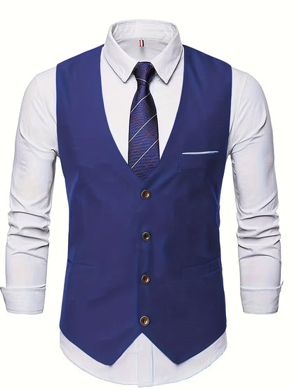 Gilet de Costume à Col en V, Style Rétro Décontracté pour Homme, Gilet Cintré Uni à Simple Boutonnage pour Tenue de Soirée