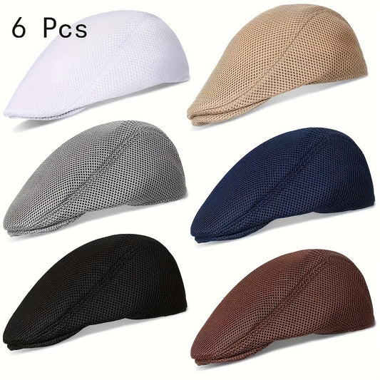 6pcs Men'S Breathable Mesh Flat Caps - Lightweight, Polyester, Round Brim, Ideal for Summer, Sports, and Casual Wear, Sports Cap | Stylish Headgear | Lightweight Cap