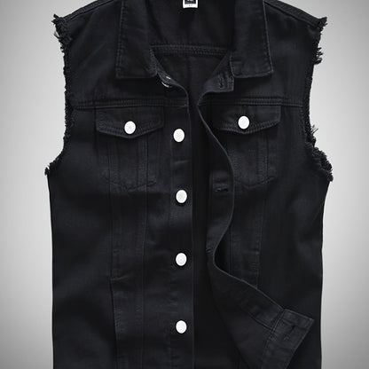 Veste décontractée en denim pour homme - Style moto, couleur unie, boutonnage, tissu non extensible, idéale pour le printemps\u002Fl'automne