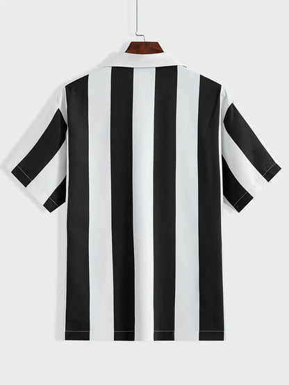 1pc Men'S Summer Casual Striped Button- Shirt - Short Sleeve, Regular Fit, Polyester Woven Fabric, Non-Stretch, Lapel Collar, Placket, for Daily & Outdoor Activities, Hiking, Weekend - Woven Fabric Weight 125g\u002Fm²